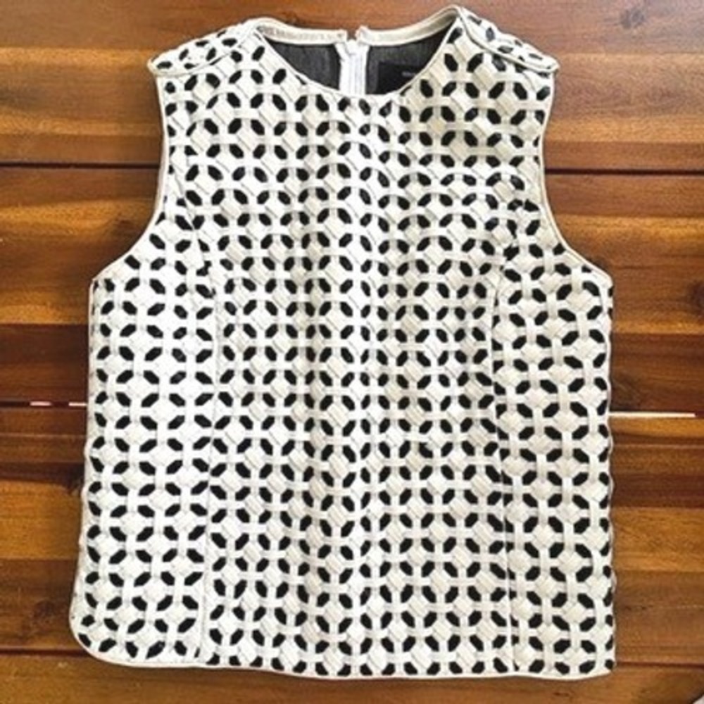 EDUN x Barneys New York Woven Leather Top‎ XS Black White Geometric Sleeveless